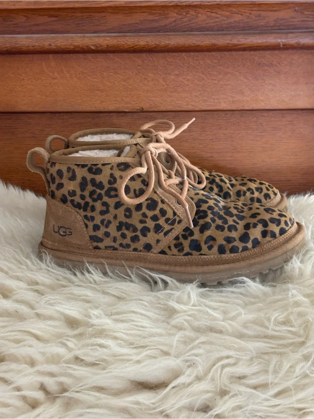 UGG Neumel Leopard Print Chukka Calf Hair Suede Sherpa Lined Ankle Boots